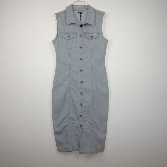 Bebe Denim Shirt Dress Women's Size L Blue Sleeveless Rhinestone Logo - Picture 1 of 9